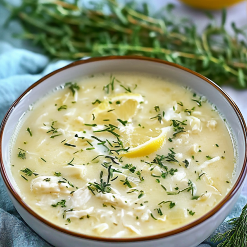 Creamy yellow broth with shredded chicken and fresh dill garnish in a rustic bowl