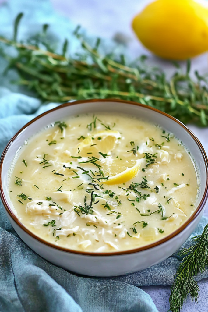 Creamy yellow broth with shredded chicken and fresh dill garnish in a rustic bowl