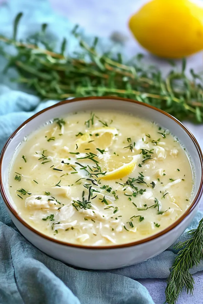 Creamy yellow broth with shredded chicken and fresh dill garnish in a rustic bowl