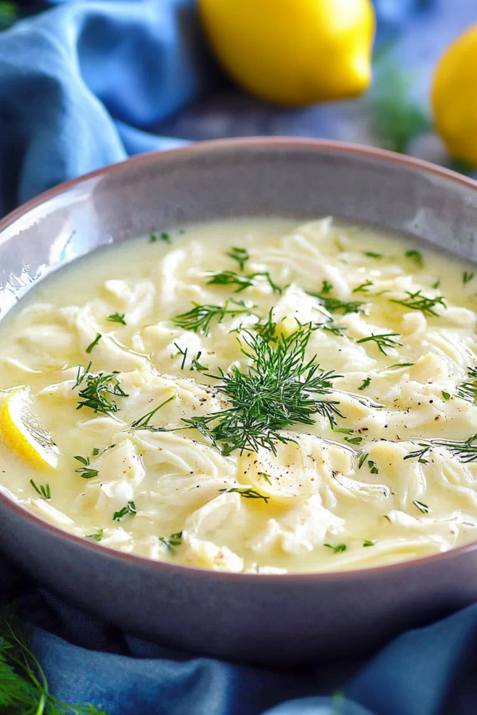 Final serving of Greek Lemon Chicken Soup (Avgolemono) with dill and lemon wedges nearby