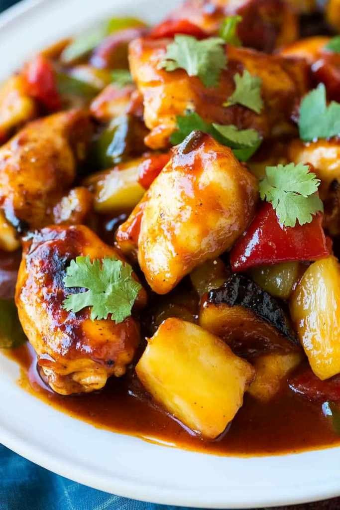 Close-up of saucy chicken chunks with caramelized pineapple and fresh cilantro
