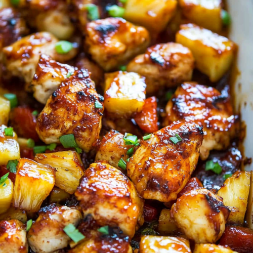 Juicy chicken pieces glazed in barbecue sauce with pineapple and bell peppers
