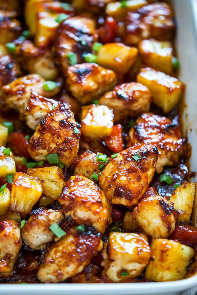 Juicy chicken pieces glazed in barbecue sauce with pineapple and bell peppers