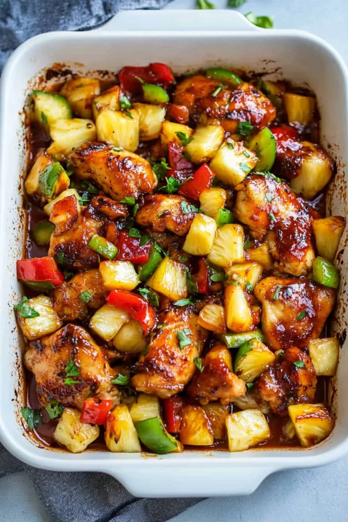 Sweet and savory chicken baked with pineapple, presented in a rustic serving dish.