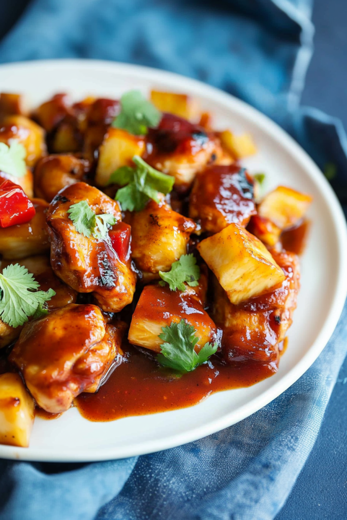 Sweet and savory chicken bites served with grilled pineapple and peppers