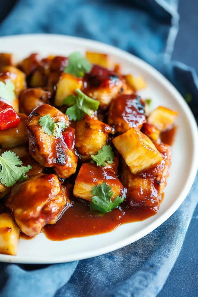 Sweet and savory chicken bites served with grilled pineapple and peppers