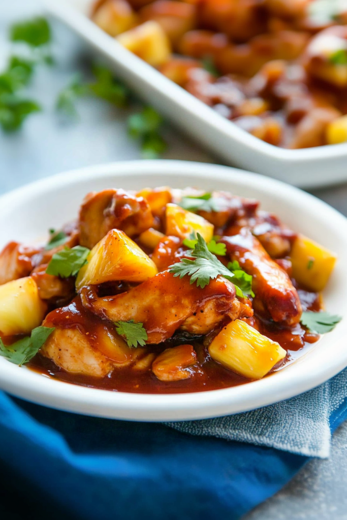 Plated chicken with pineapple chunks in a glossy barbecue glaze