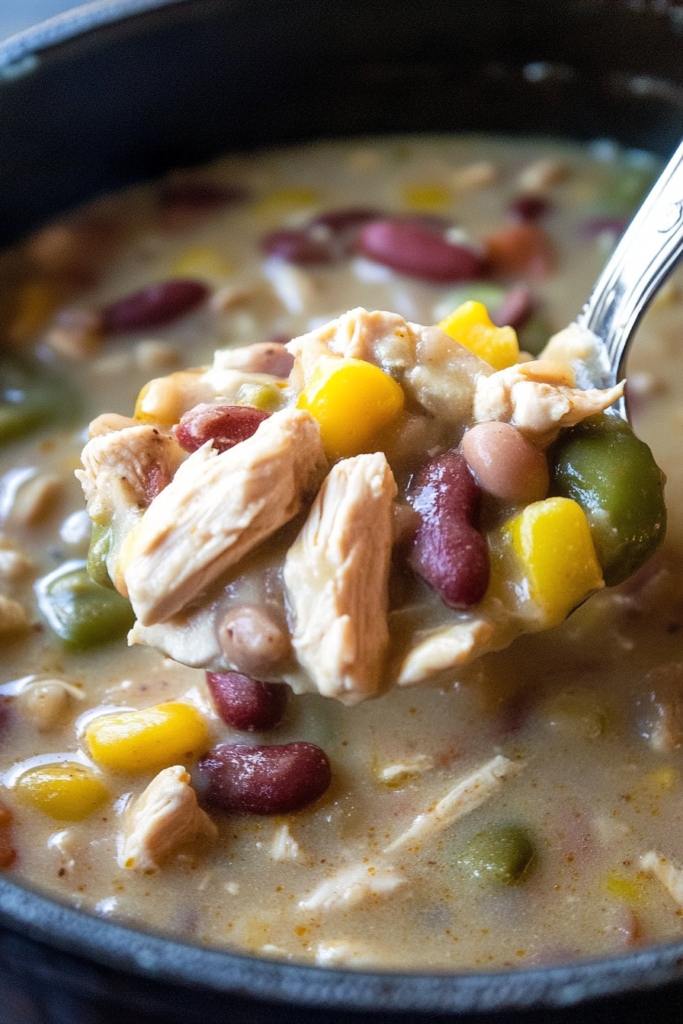 Close-up of a bowl of chili with chicken, beans, corn, and diced tomatoes