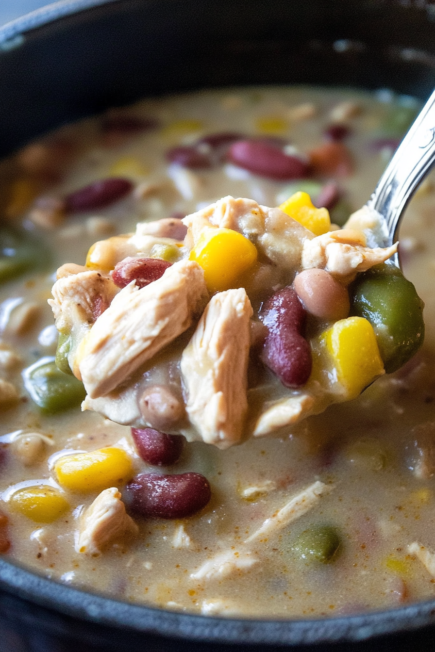 Close-up of a bowl of chili with chicken, beans, corn, and diced tomatoes