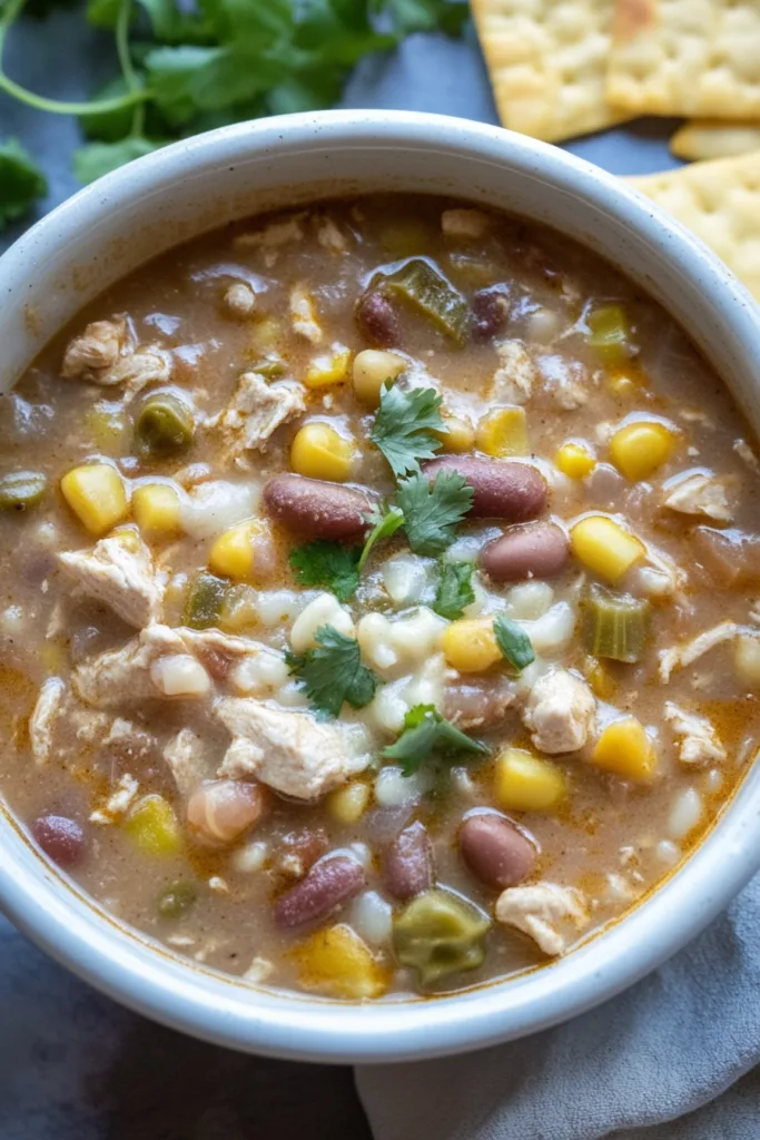 Thick, saucy chili filled with beans, corn, and tender chicken pieces