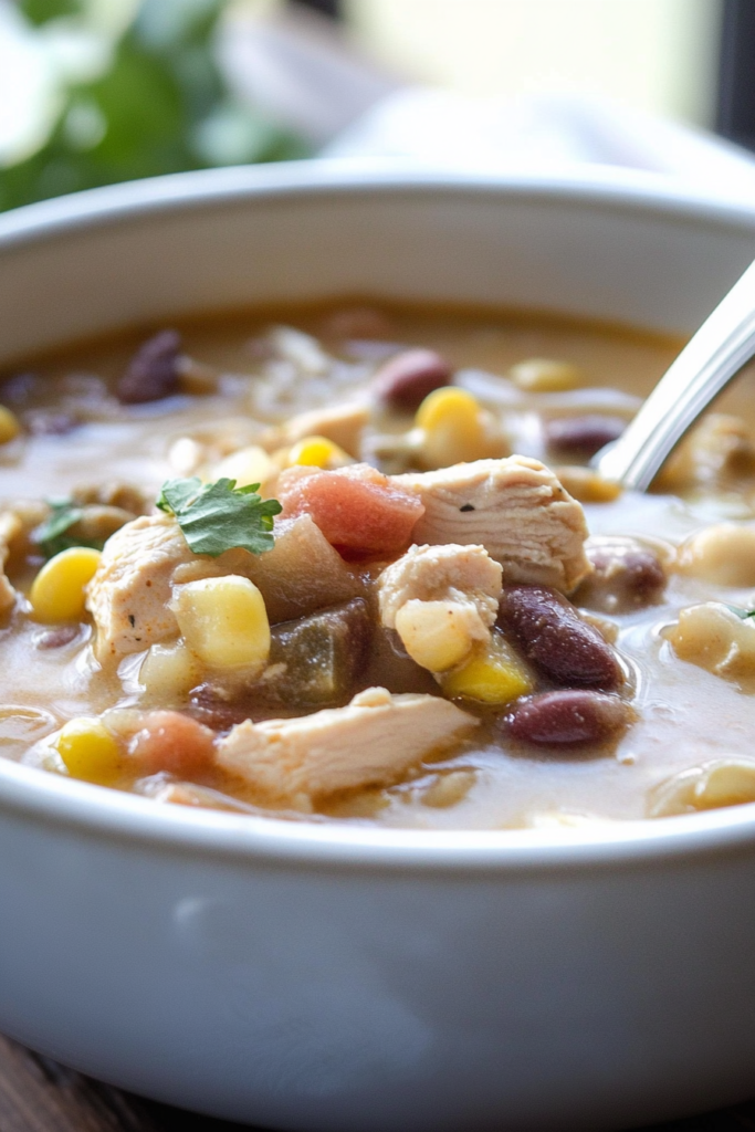 Spoonful of hearty chili showing chicken, vegetables, and beans