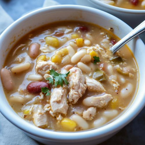 Warm chili served in a bowl with chunks of chicken and colorful vegetables
