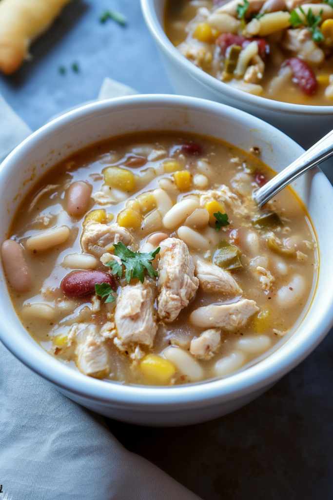 Warm chili served in a bowl with chunks of chicken and colorful vegetables