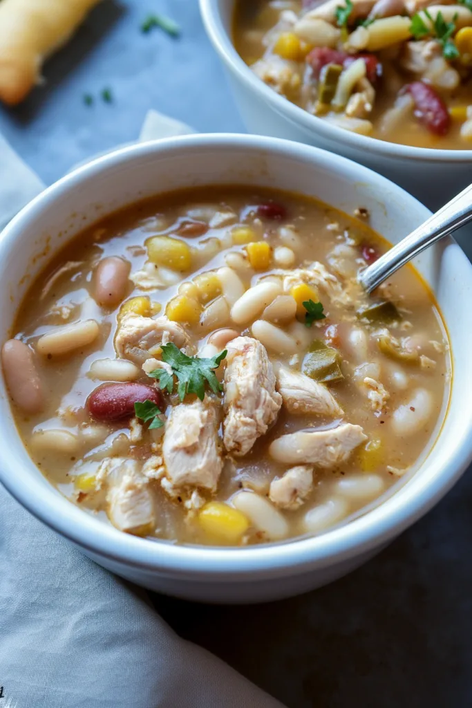 Warm chili served in a bowl with chunks of chicken and colorful vegetables