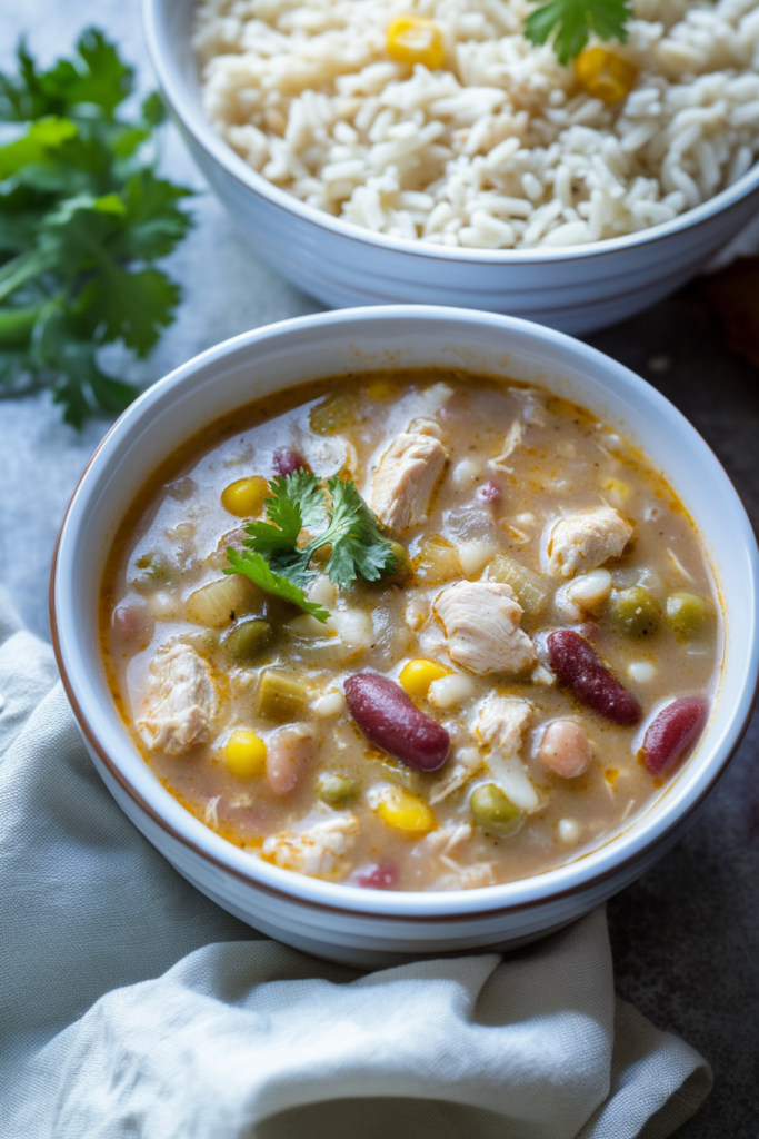 Bowl of comforting chili with a mix of beans, sweet corn, and juicy chicken