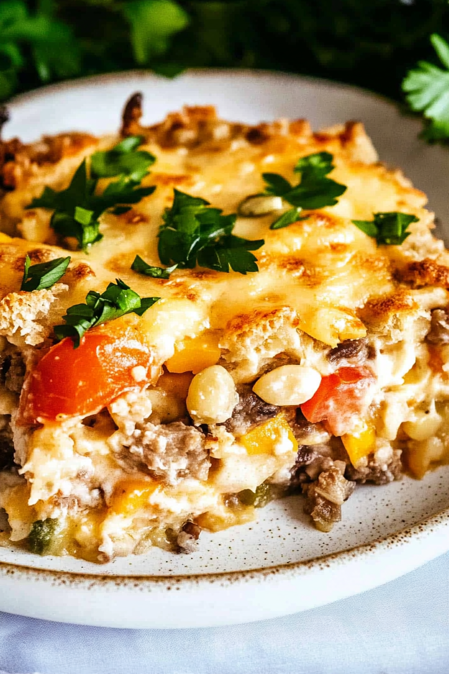 Thick slice of a cheesy baked meal with visible layers and a lightly browned crust