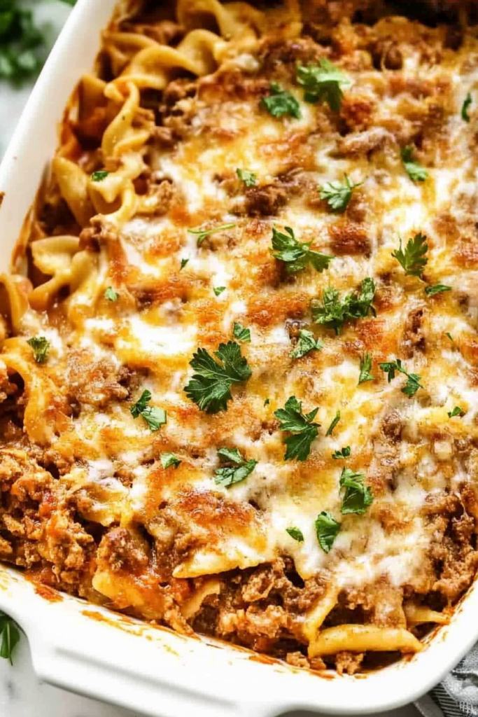 Hearty casserole slice showing beef, vegetables, and a golden melted cheese layer