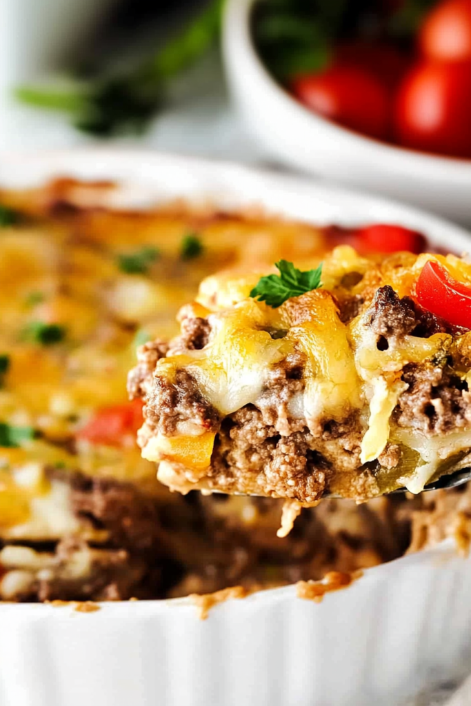 Close-up of a cheesy baked dish with layers of meat, potatoes, and mixed vegetables