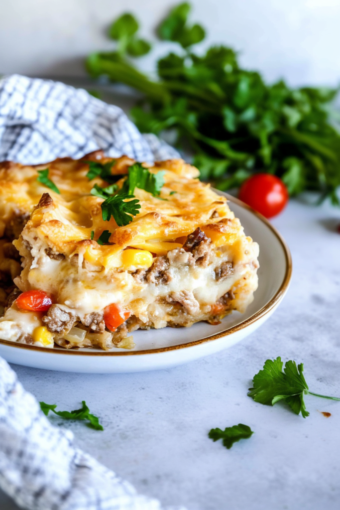 Plated portion of a baked comfort dish with beef, vegetables, and herbs on top