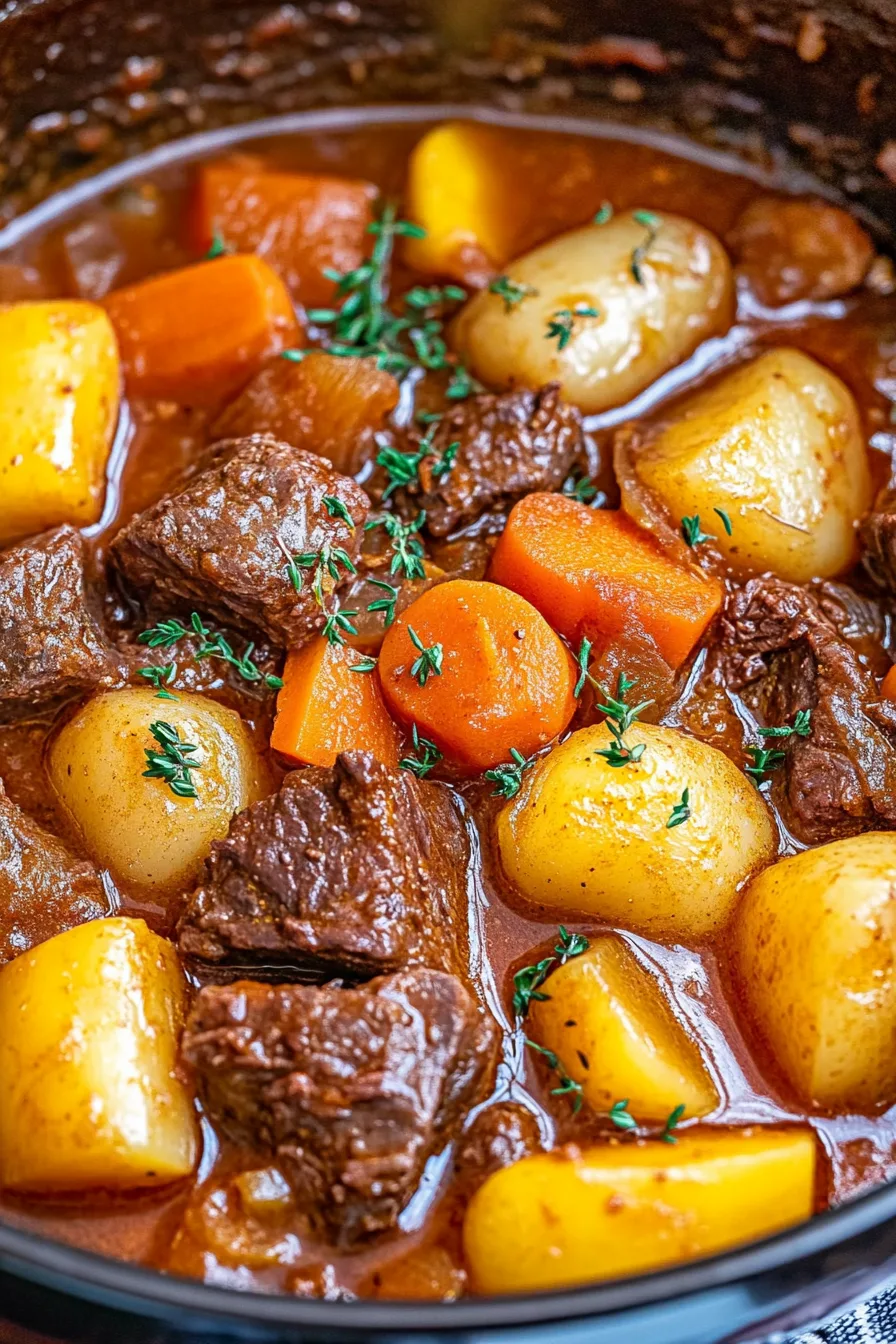 Tender chunks of beef simmered with potatoes, carrots, and herbs in a rich brown gravy.