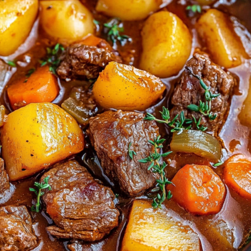 Close-up of a hearty stew with soft vegetables and slow-cooked beef pieces.
