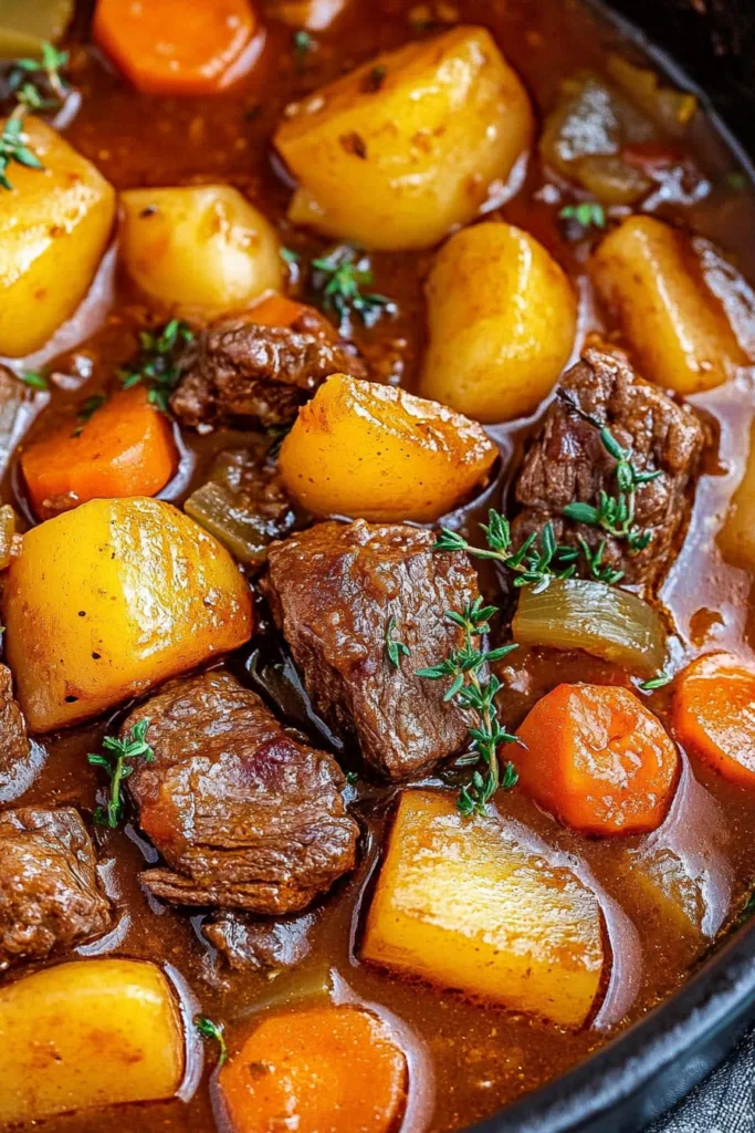 Close-up of a hearty stew with soft vegetables and slow-cooked beef pieces.