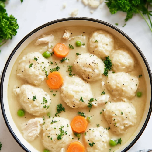 Bowl of comforting stew filled with fluffy dumplings and chicken pieces