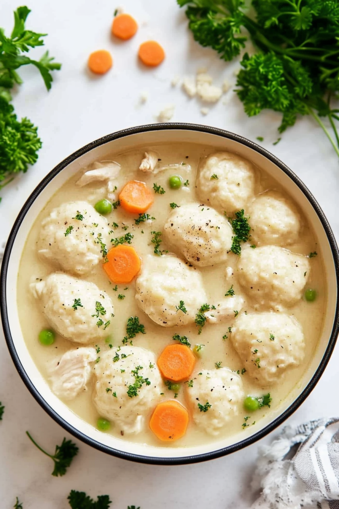 Bowl of comforting stew filled with fluffy dumplings and chicken pieces