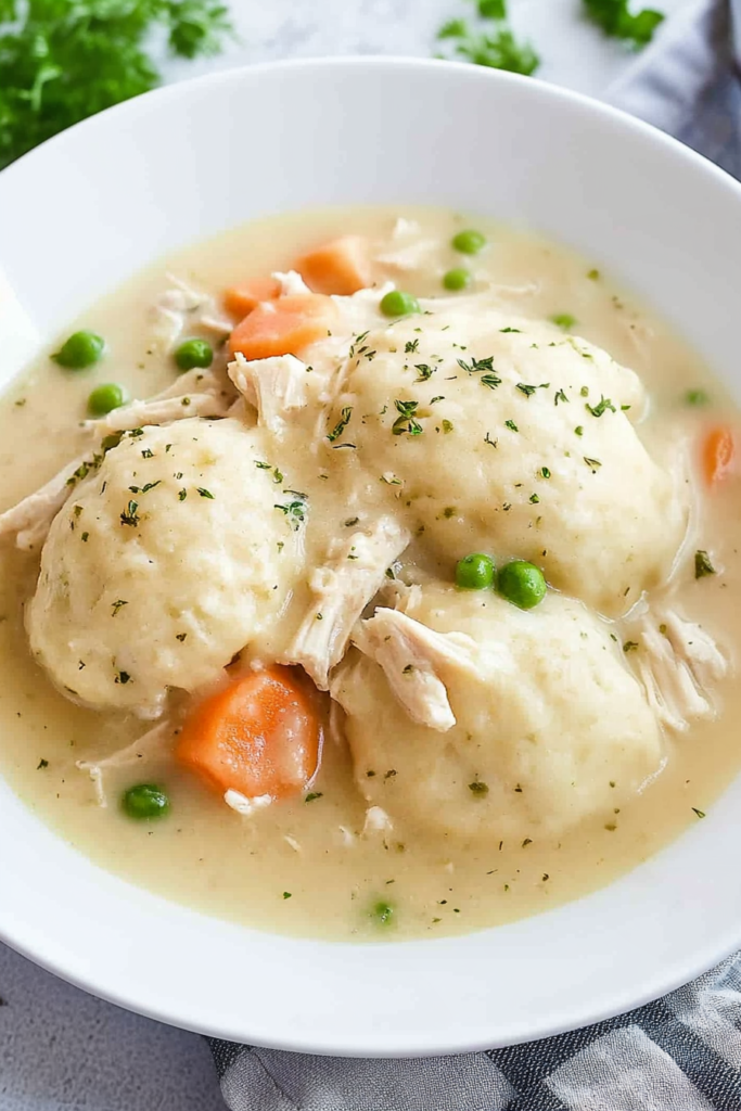 Close-up of dumplings simmered with chicken and vegetables