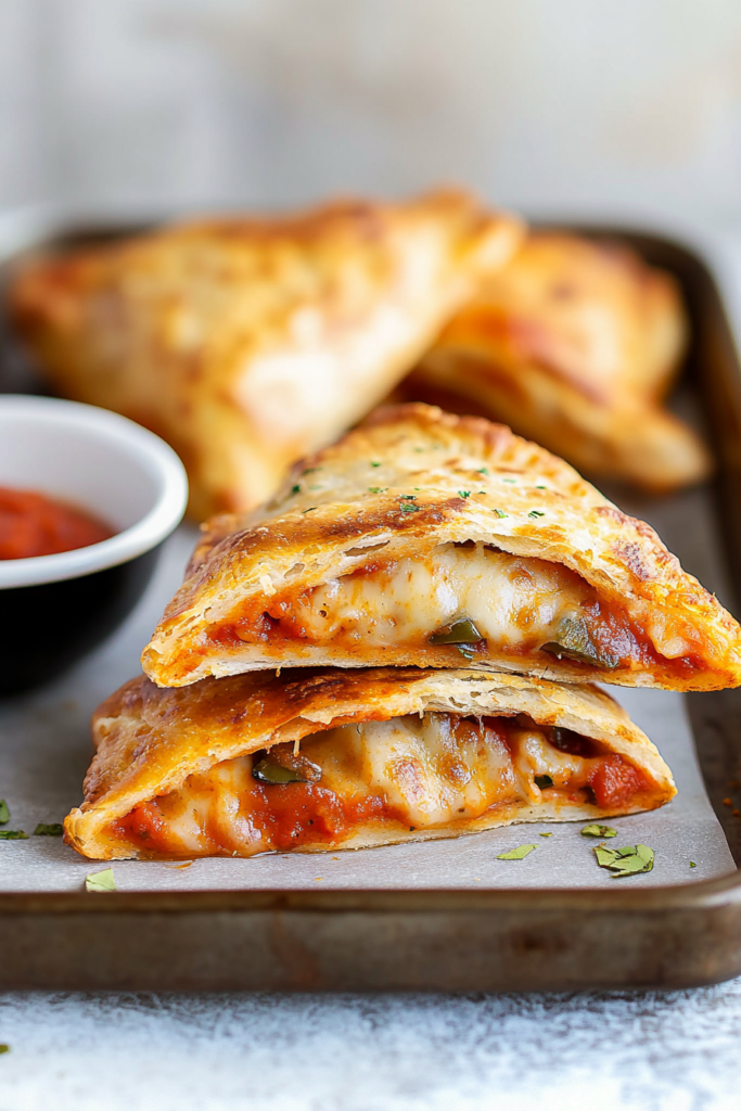 Close-up of flaky crust revealing gooey cheese and vegetables inside.
