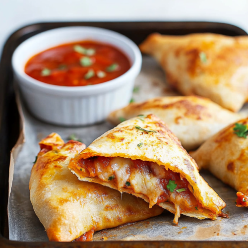 Golden-brown pastry triangles with melted cheese and tomato filling oozing out.