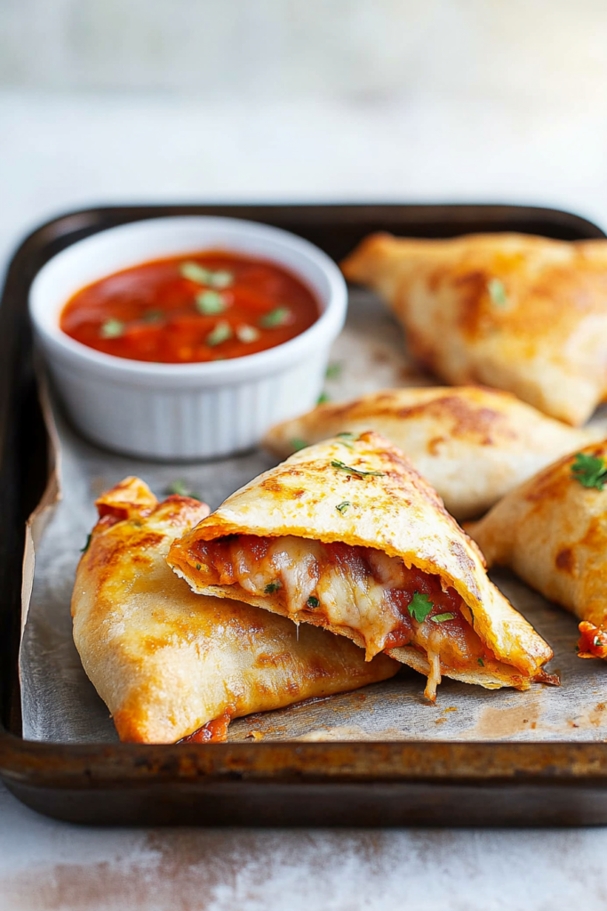 Golden-brown pastry triangles with melted cheese and tomato filling oozing out.
