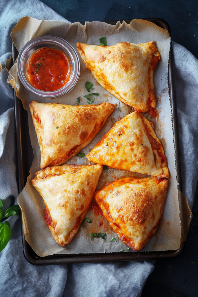 Warm, handheld pastries with crisp edges and rich, cheesy centers.