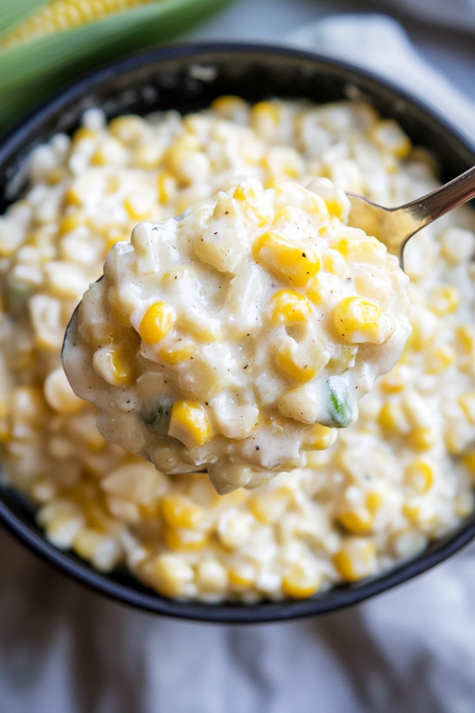 Close-up of creamy corn with diced jalapeños in a rustic ceramic bowl