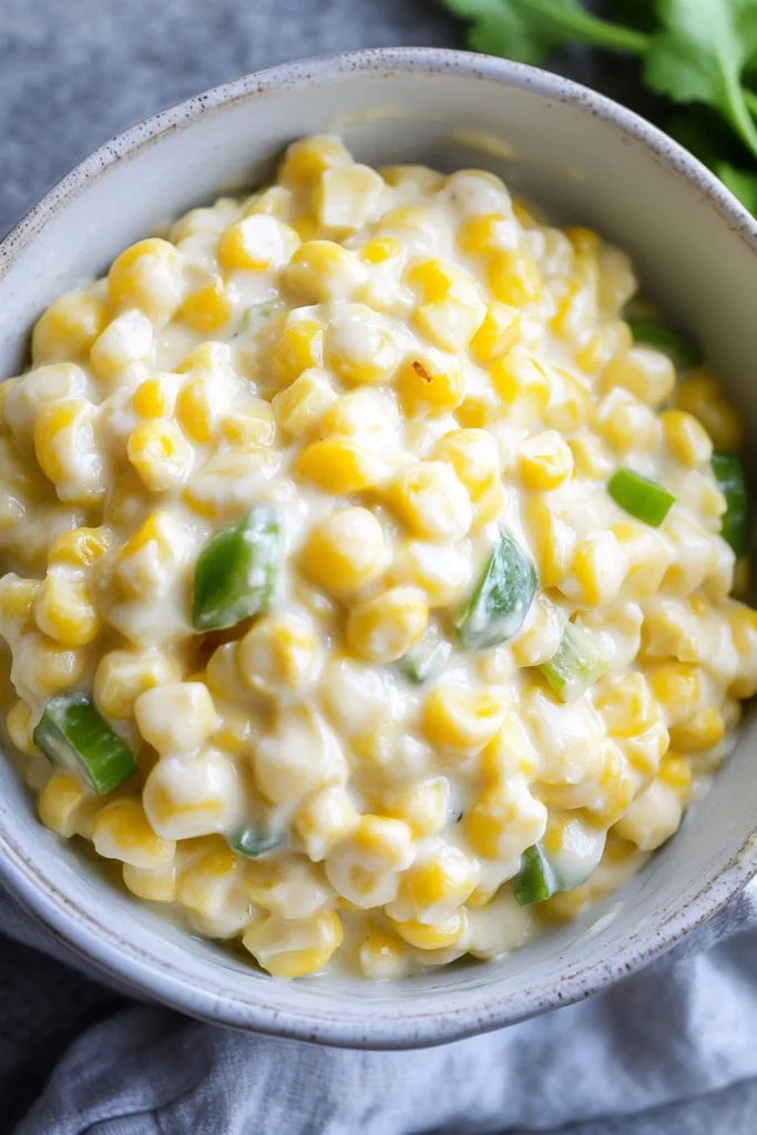 Bright yellow corn with green pepper pieces in a creamy base
