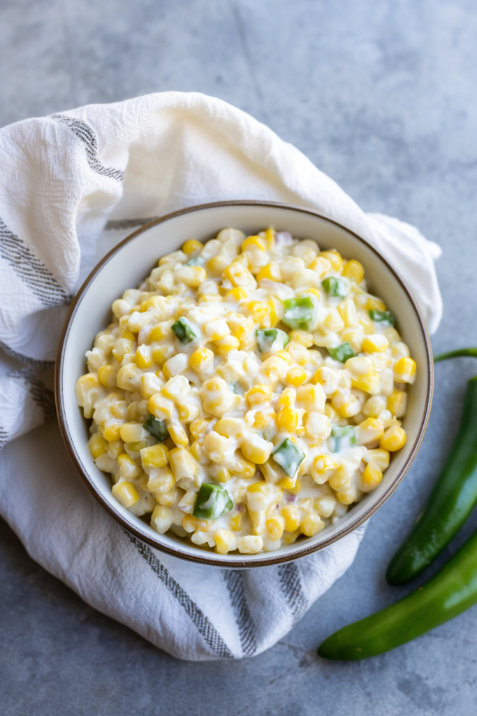 Final plated shot of jalapeño creamed corn, showing its velvety texture