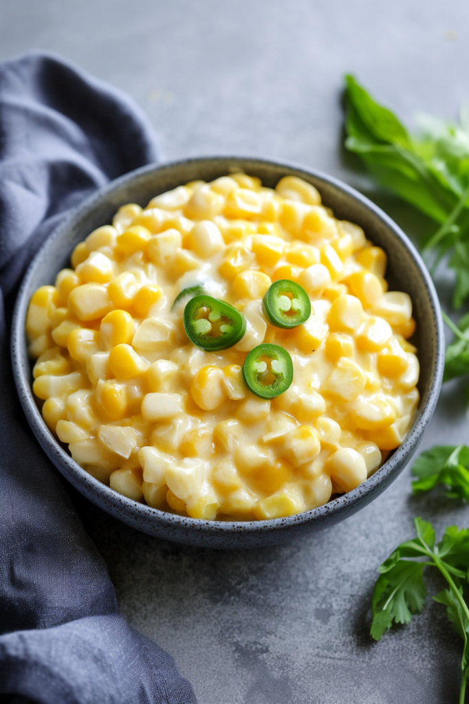 Comfort food side dish served warm in a simple gray-toned setting