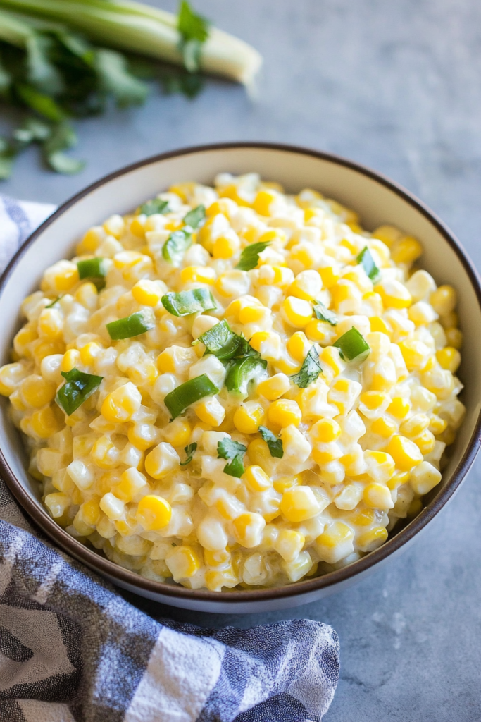 Golden corn kernels coated in rich cream sauce, garnished with fresh herbs