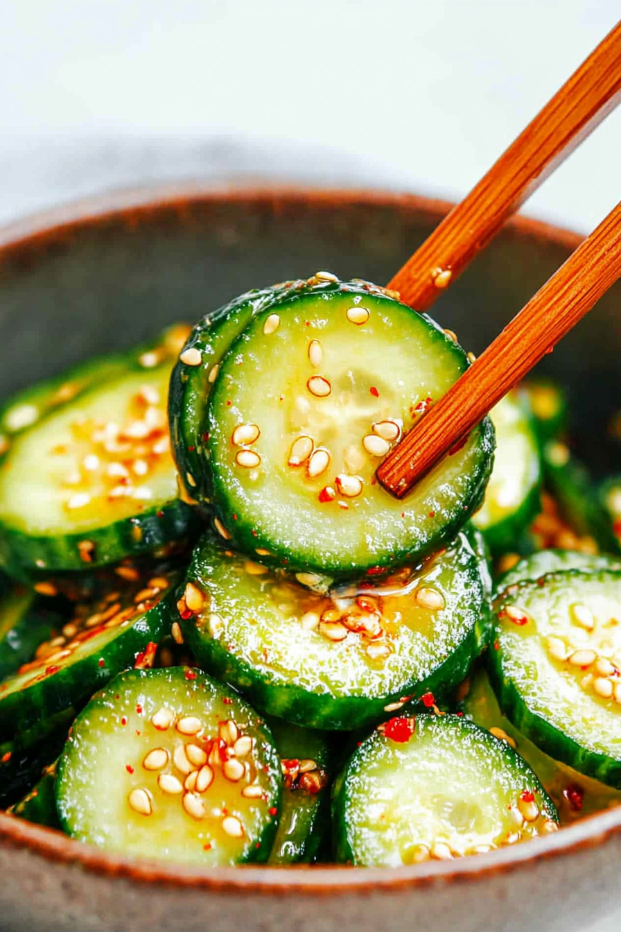 Simple Korean-style cucumber side dish served in a ceramic bowl