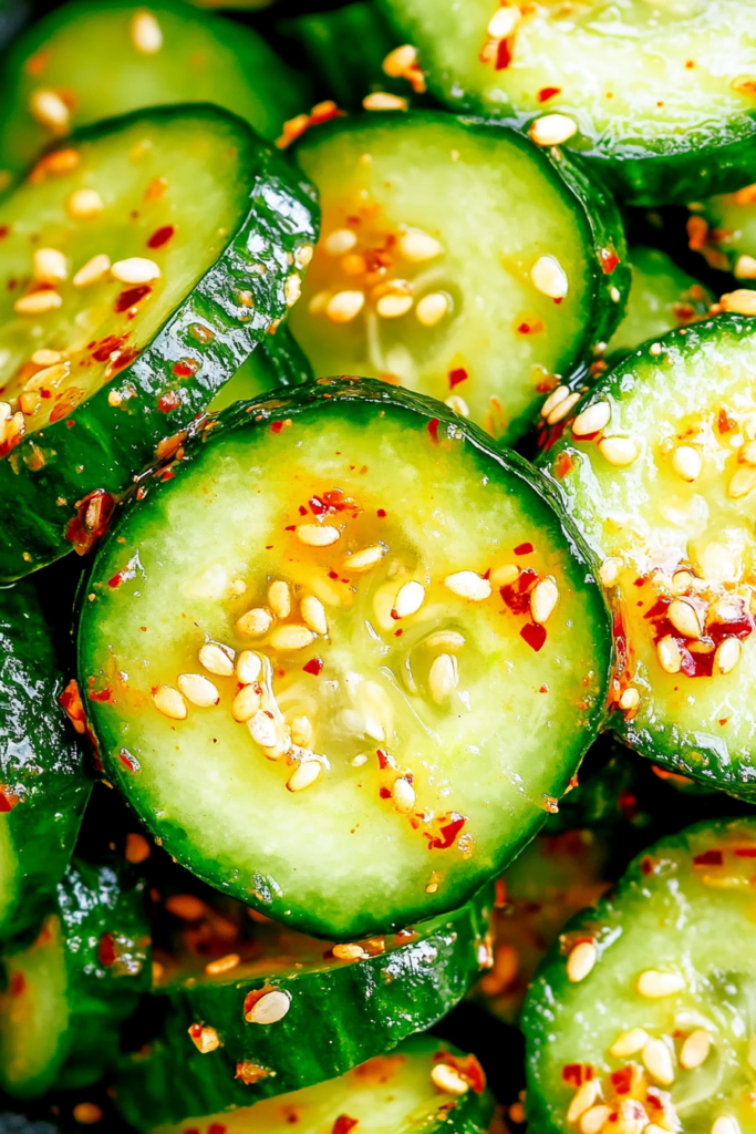 Close-up of crisp cucumbers mixed with sesame and chili seasoning