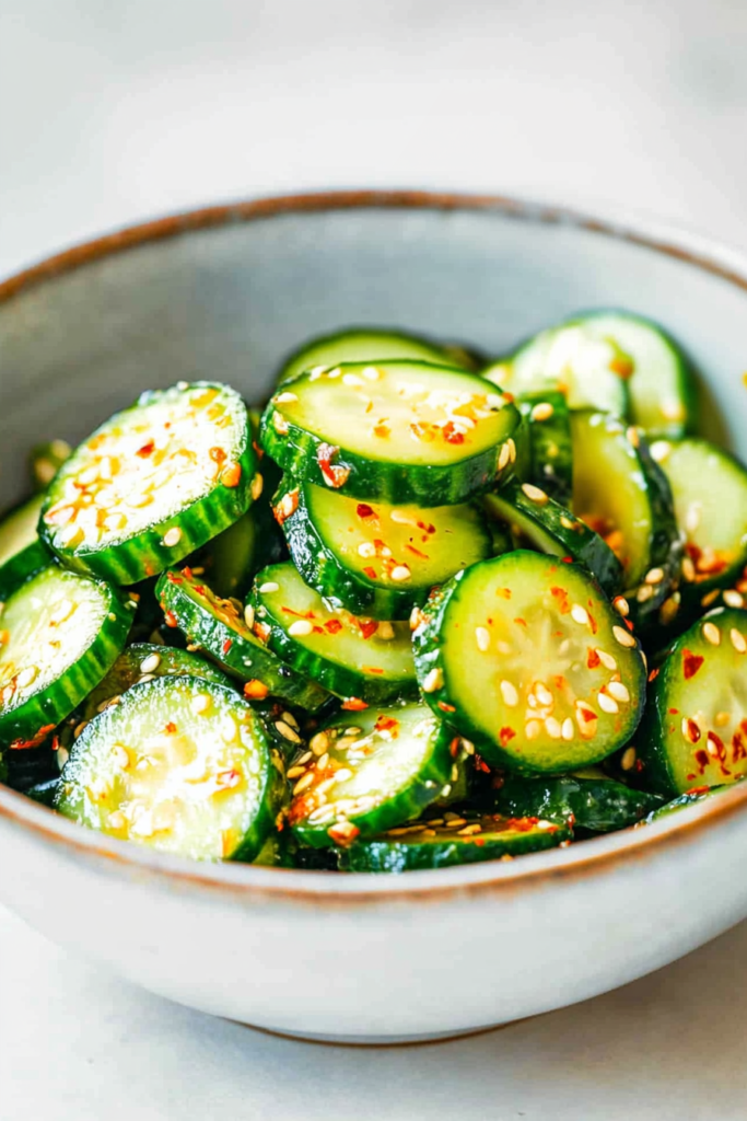 Seasoned cucumber slices with sesame seeds and red pepper flakes