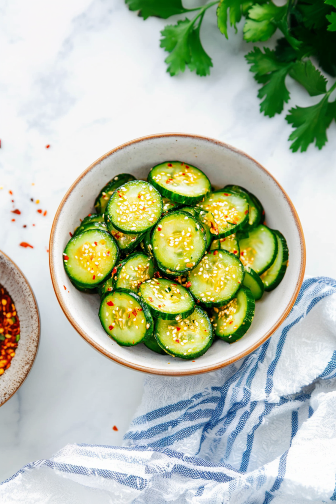 Bowl of sliced cucumbers tossed with chili flakes and sesame seeds