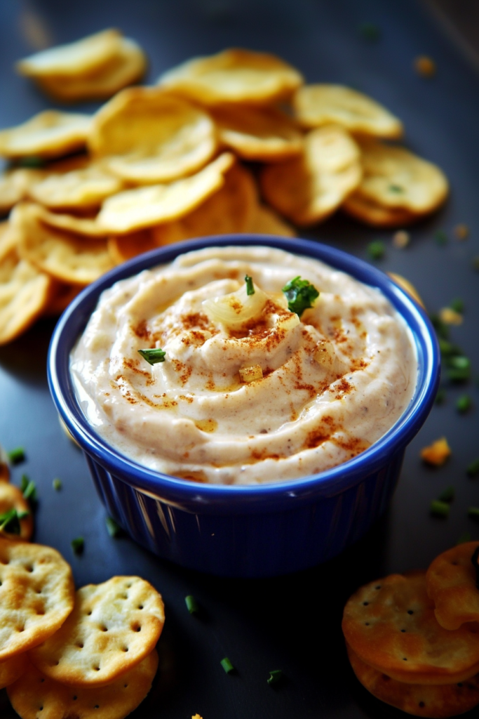 Creamy dip served in a ceramic bowl, topped with shredded cheese and paired with golden crackers.