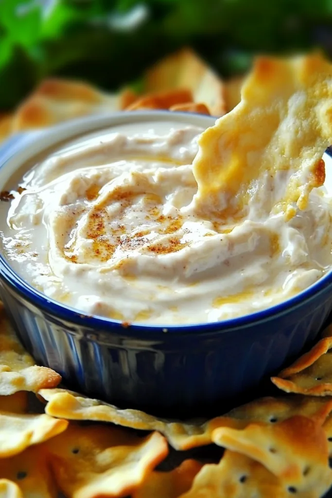 Blue bowl filled with rich, creamy dip, garnished lightly and styled with fresh onions nearby.