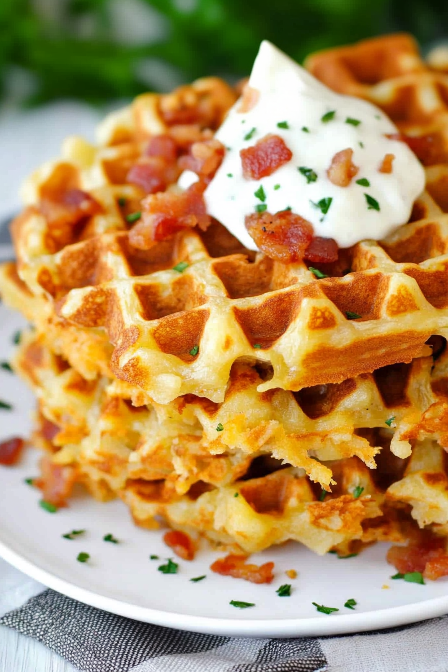 Close-up of savory waffles showing crisp texture and melted bits inside.