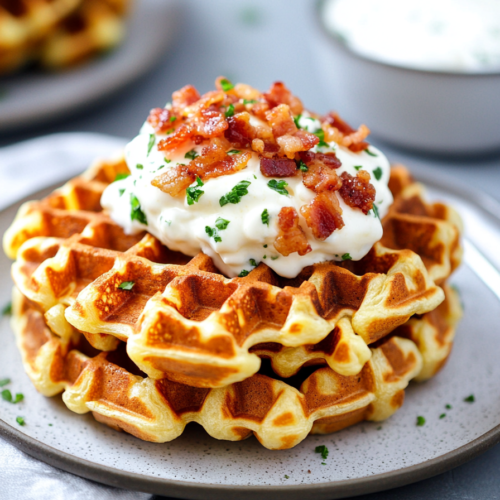 Breakfast waffle stack garnished with chopped bacon and parsley.