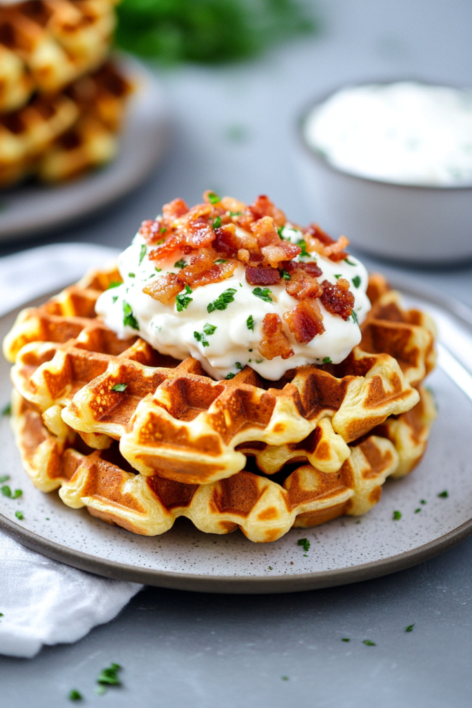 Breakfast waffle stack garnished with chopped bacon and parsley.