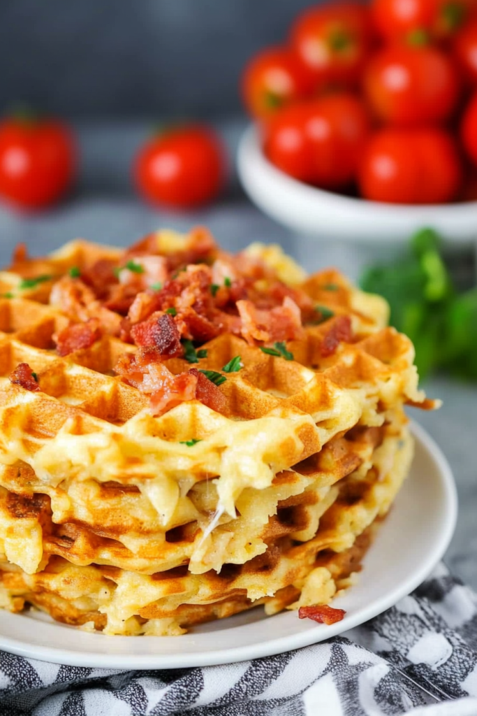Stack of crispy waffles topped with bacon pieces and a dollop of creamy sauce.