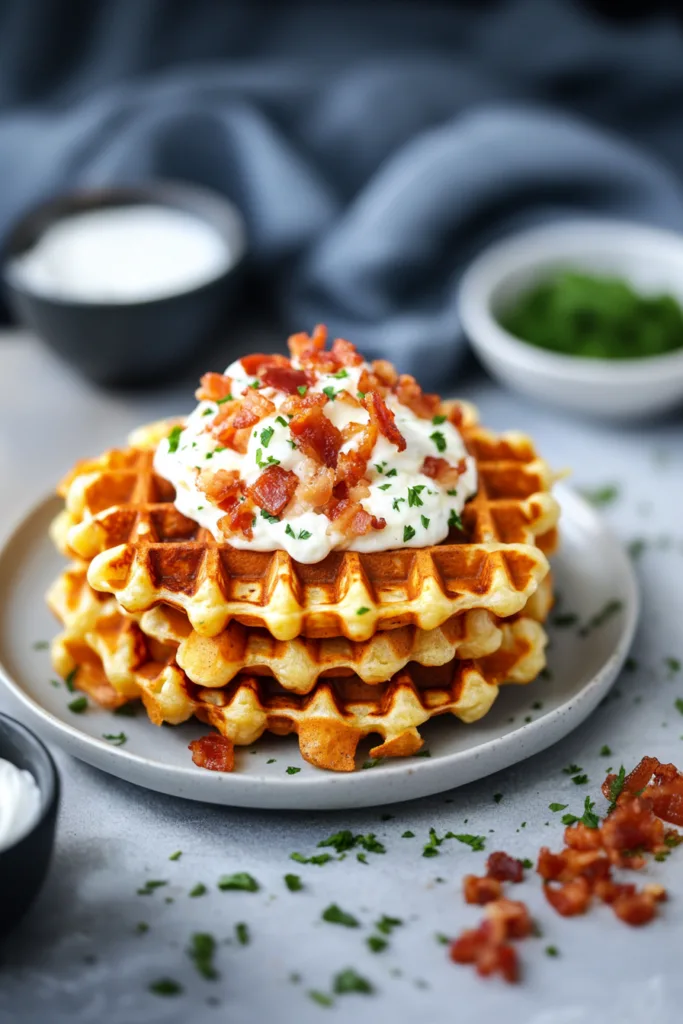 Fluffy, crispy waffles served with a spoonful of sauce and bacon on top.