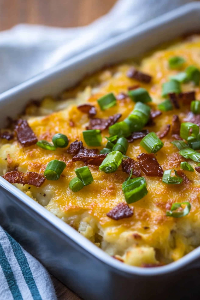 Family-style potato casserole garnished with bacon crumbles and green onion for a hearty comfort dish.